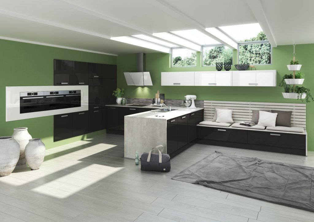 Bauformat Monochrome Gloss Kitchen With Lime Green Wall 2 | House to Home, Suffolk